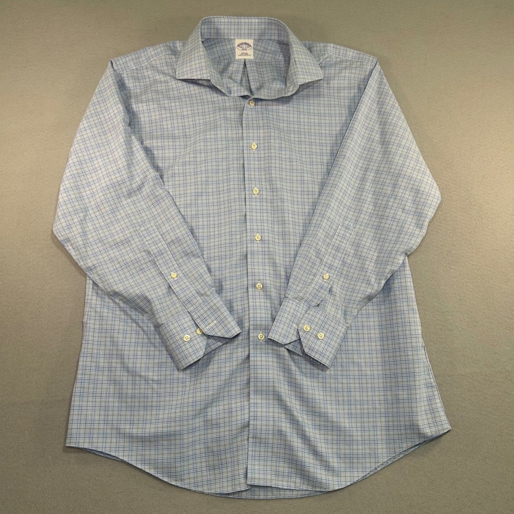 Brooks Brothers Dress Shirt Mens 16.5 32/33 Blue Plaid Slim Fit Non-Iron 346
